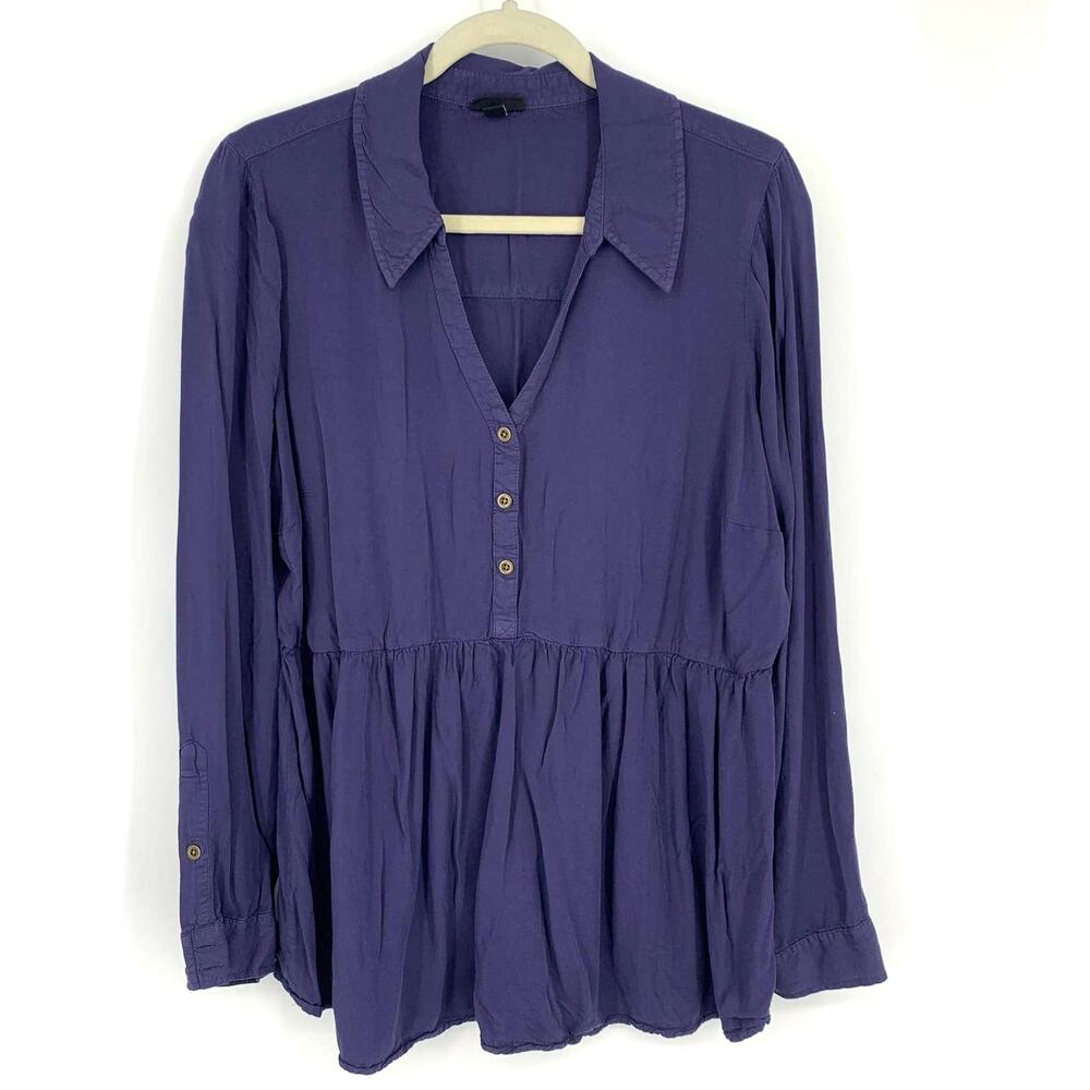 Womens Long Sleeve Peplum Button-Front Top - Purple